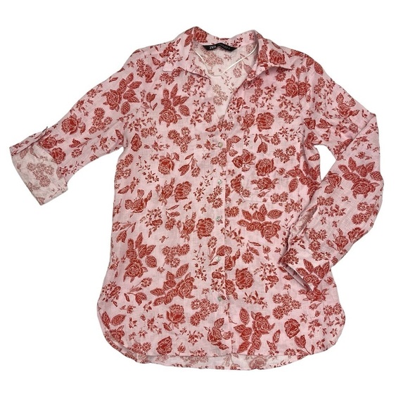 LIKE NEW Zara Baby Pink Floral Print Roll Sleeve 100% Linen Button Down Sz XS - Picture 1 of 7